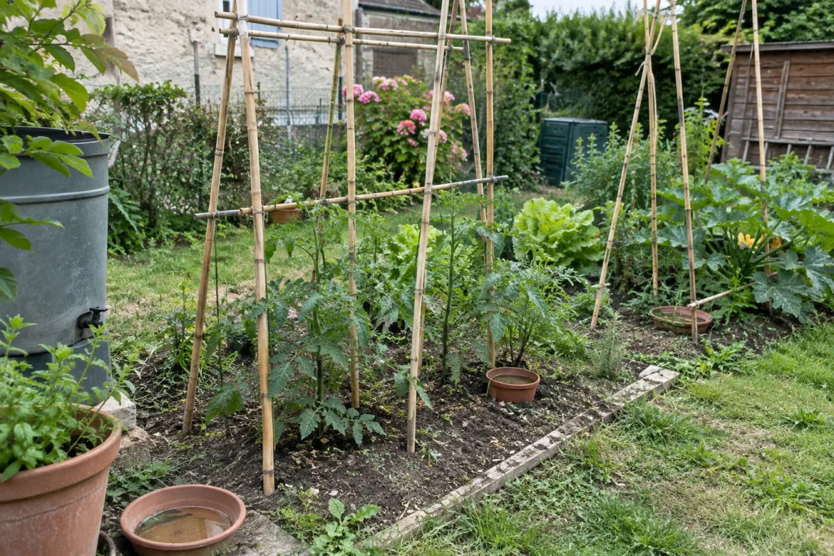 Un jardin privé en France avec des tuteurs en bambou posés autour d’un potager et quelques petits récipients susceptibles de retenir de l’eau près des plantes