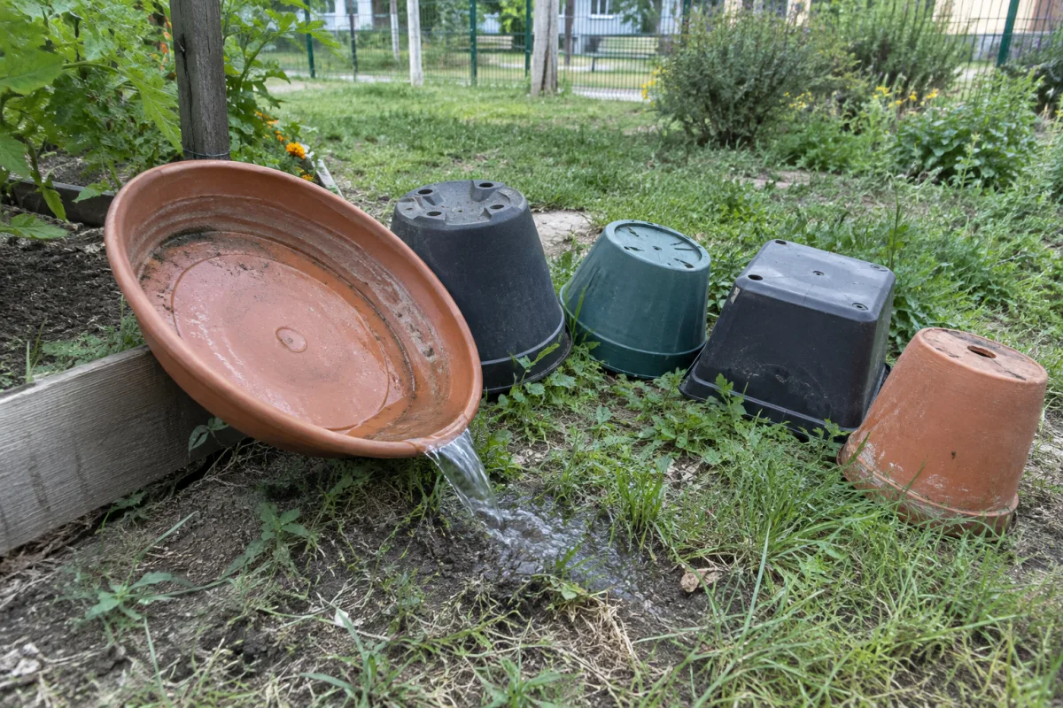 Dans un jardin communal en France, une soucoupe de pot de fleurs remplie d’eau est vidée à côté de plusieurs contenants retournés pour limiter les gîtes larvaires