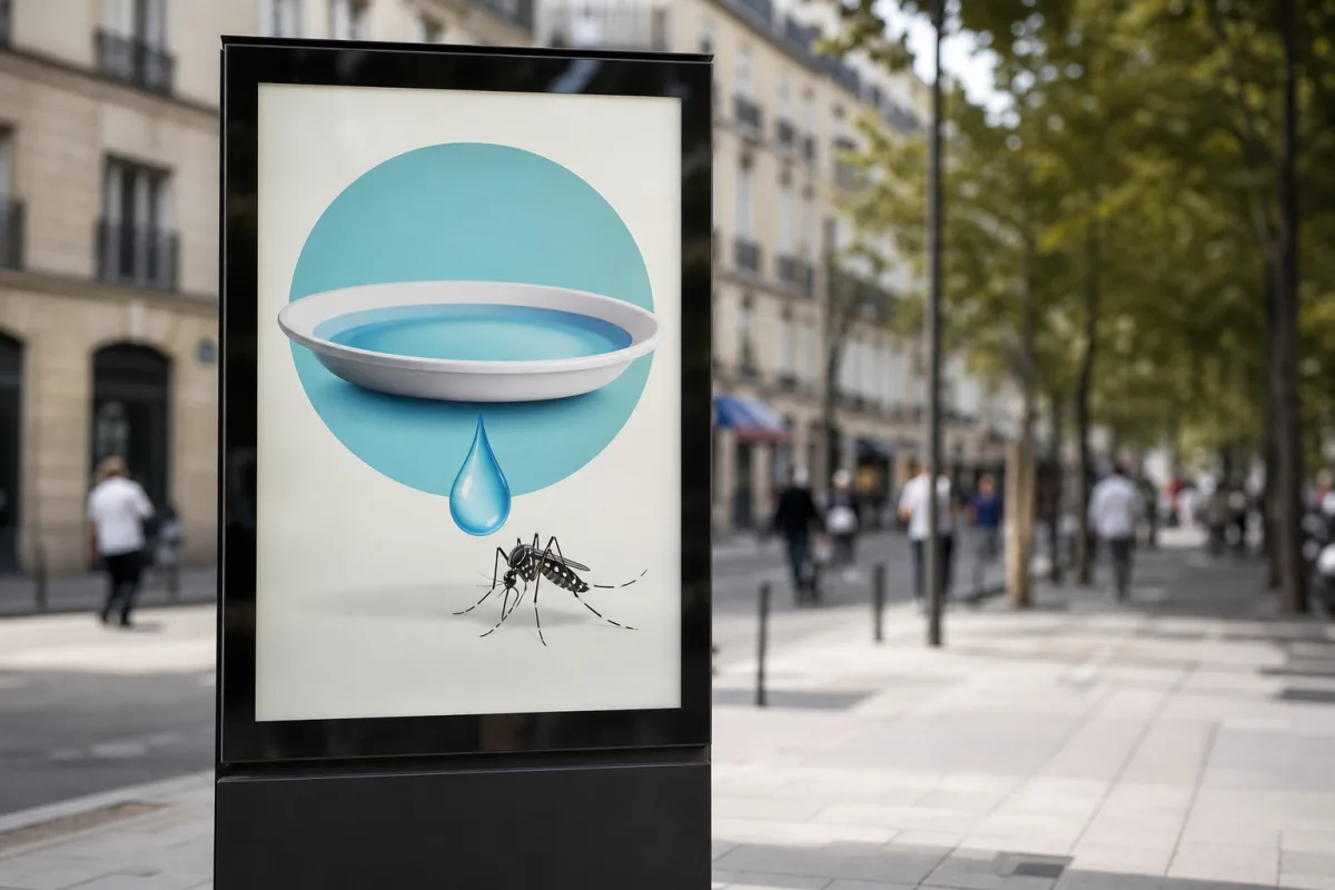 Affiche de prévention contre le moustique tigre dans une rue