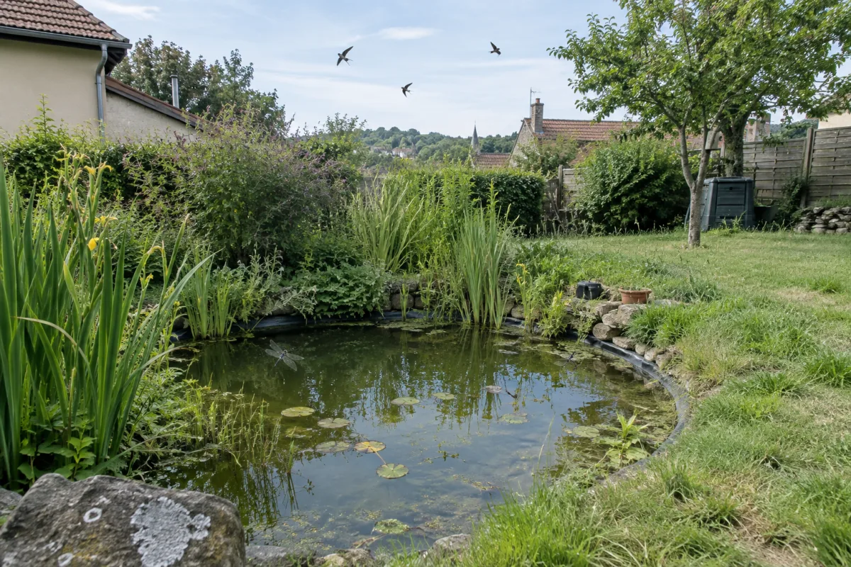 Un jardin ordinaire dans une commune française, avec un bassin peu profond entouré de végétation, des libellules au-dessus de l’eau et des hirondelles dans le ciel, illustrant la …
