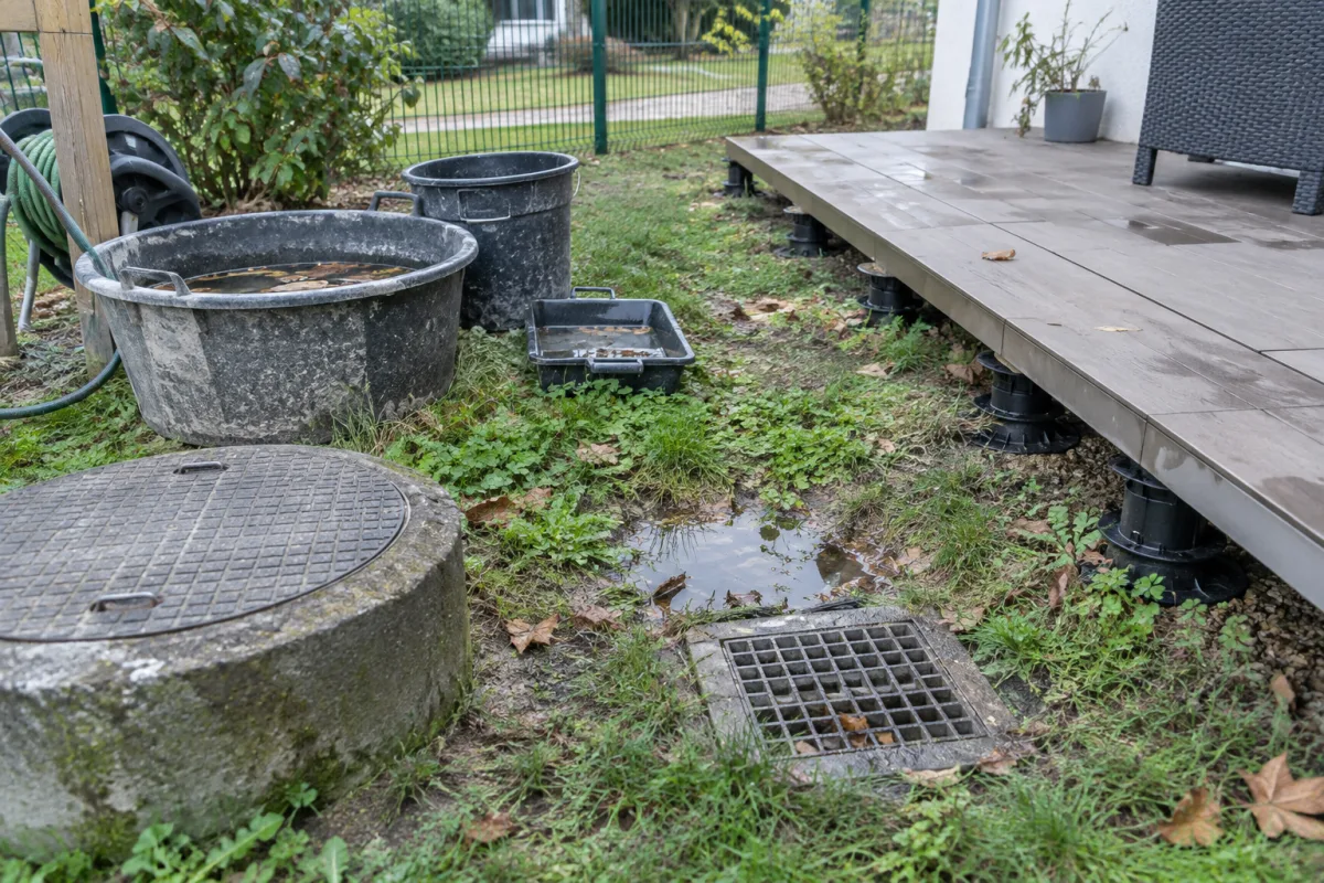 Dans un jardin communal en France, plusieurs regards et récipients de chantier sont visibles près d’une terrasse sur plots, avec quelques feuilles mortes et de petites zones d’eau…