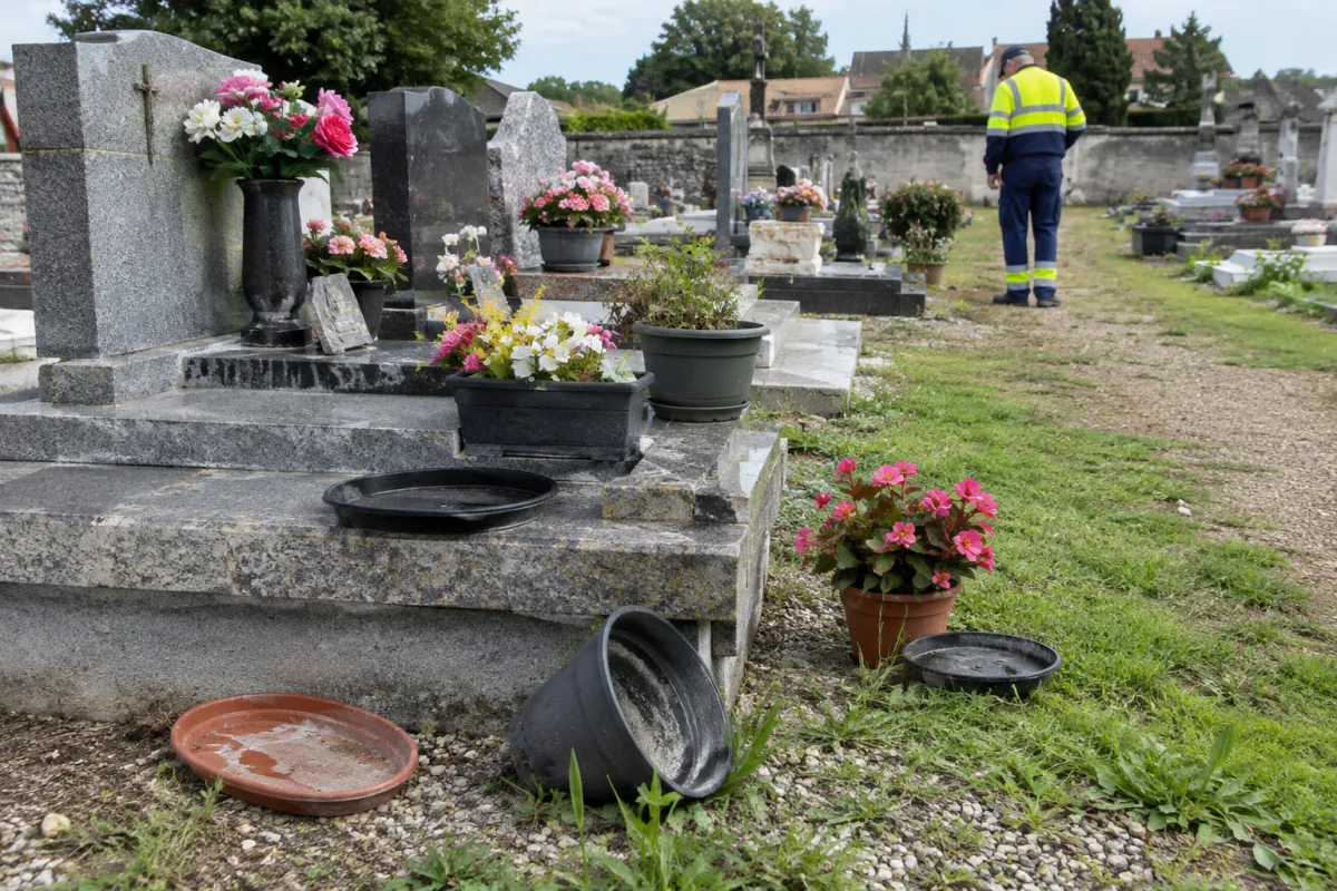 Dans un cimetière communal en France, des vases et des soucoupes de fleurs sont disposés près des tombes, certaines soucoupes étant retournées ou vidées pour éviter l’eau stagnant…