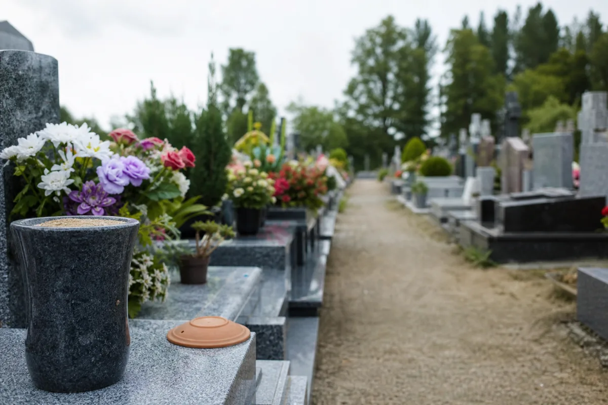 Vase rempli de sable sur une tombe de cimetière contre les moustiques