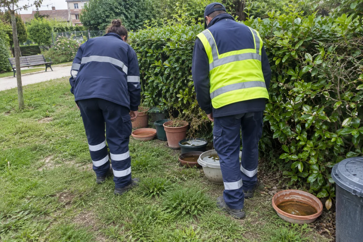 Dans un jardin communal en France, des agents municipaux vus de dos inspectent des soucoupes et des récipients pouvant retenir de l’eau près d’une haie