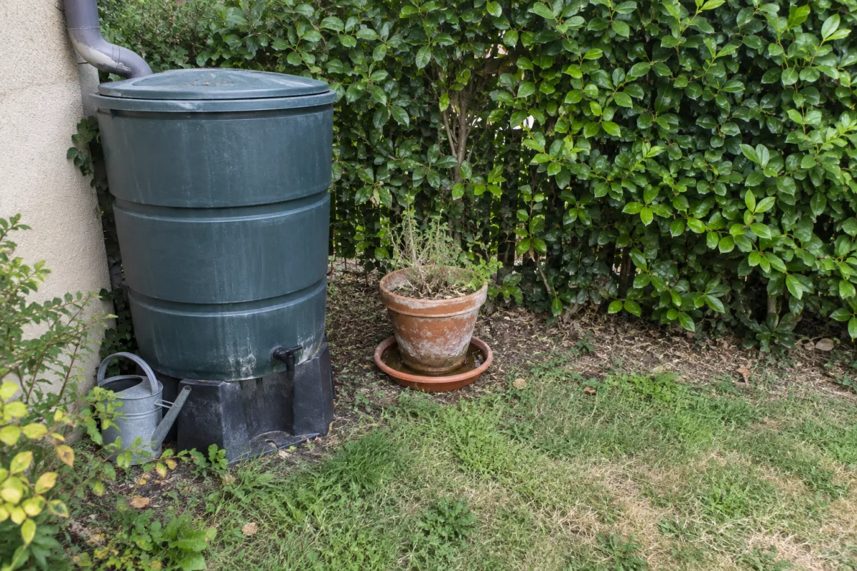 Dans un jardin d’une commune française, un bac de récupération d’eau et une soucoupe de pot de fleurs sont visibles près d’une haie, illustrant les lieux possibles de ponte des mo…