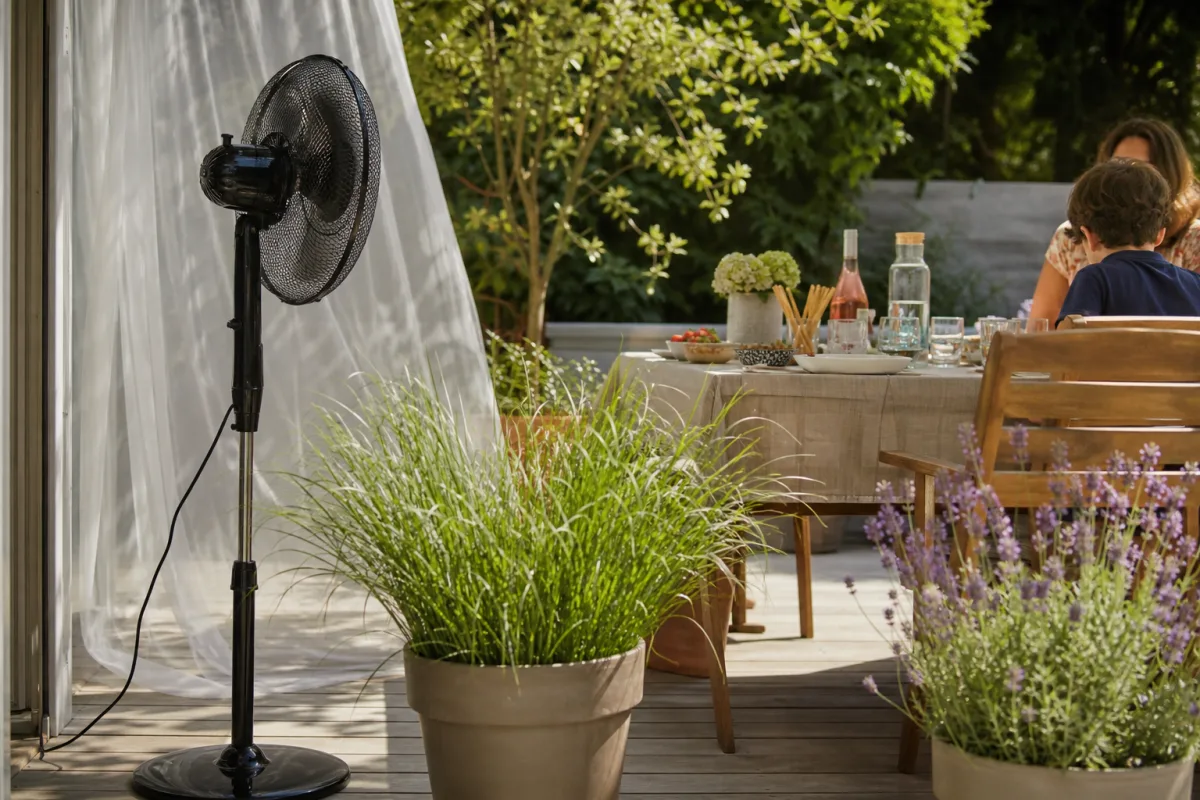 Terrasse aménagée avec ventilateur, lavande et moustiquaire contre les moustiques