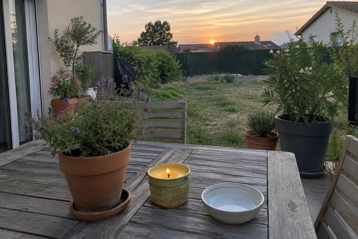 Une terrasse résidentielle en France, avec des plantes en pots, une bougie à la citronnelle et une petite coupelle d’eau vidée posées sur une table de jardin, sans personne visibl…
