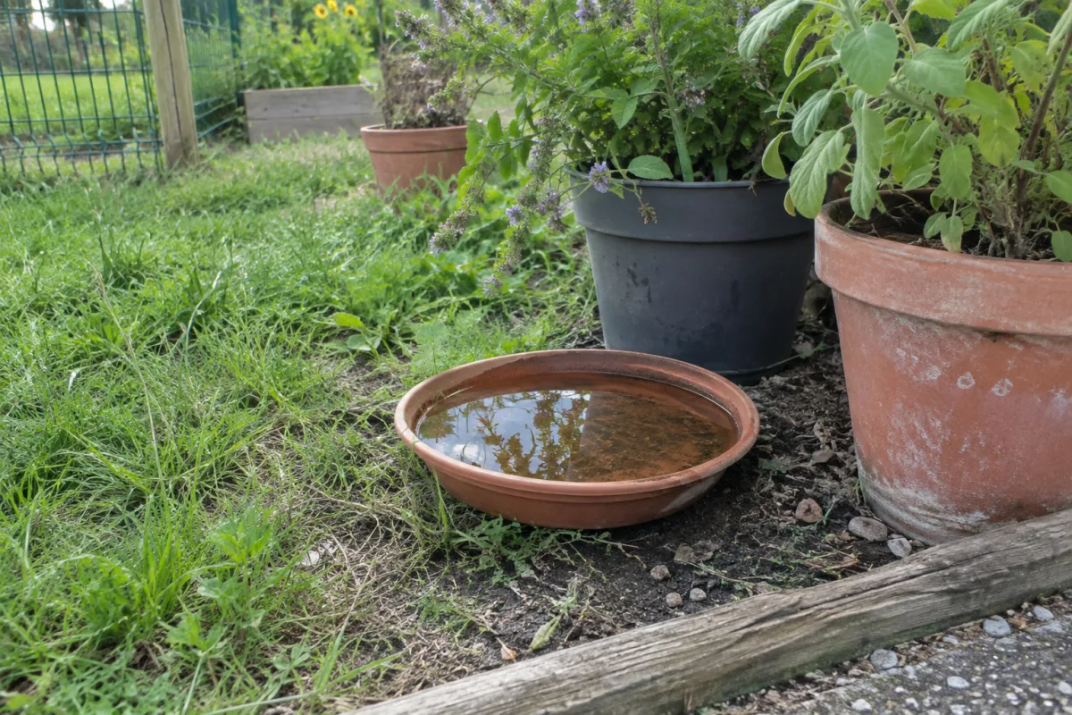 Dans un jardin communal en France, une soucoupe remplie d’eau est posée près de plantes en pot, illustrant concrètement un lieu potentiel de développement des moustiques