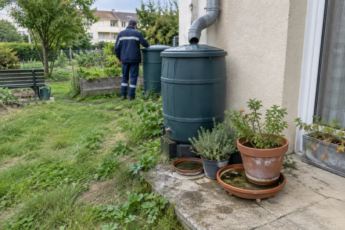 Dans un jardin communal en France, des soucoupes de pots de fleurs, un récupérateur d’eau fermé et une gouttière sont visibles près d’une terrasse, illustrant les lieux où l’eau s…