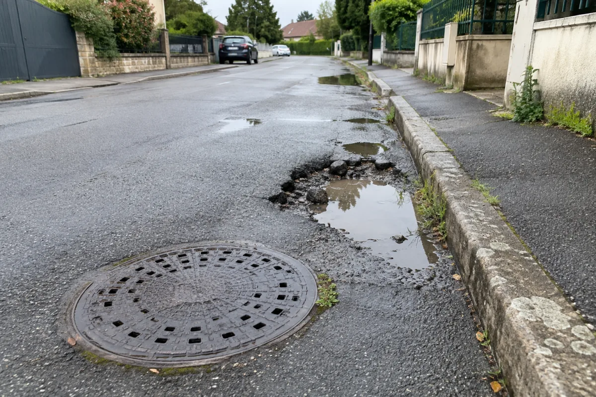 Dans une rue calme d’une commune en France, une bouche d’égout et un nid-de-poule sont visibles près d’un trottoir après la pluie, avec quelques flaques susceptibles de devenir de…