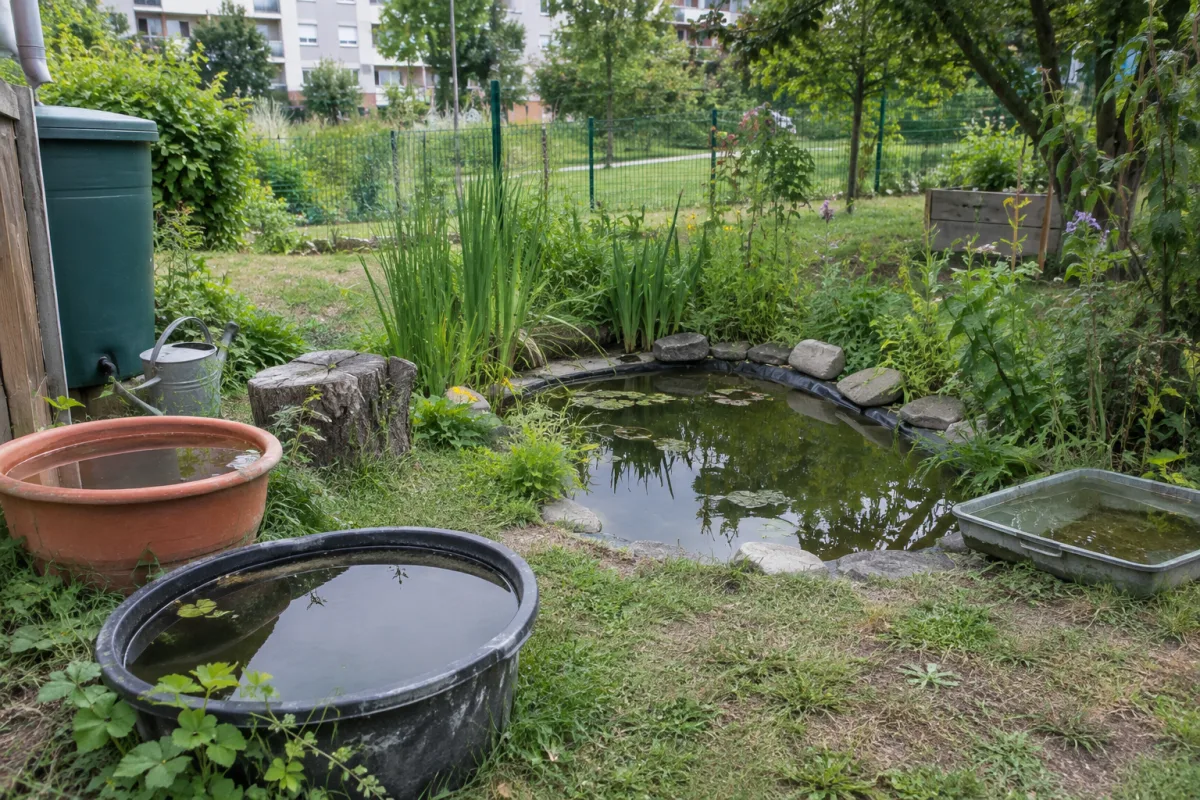 Dans un jardin communal en France, plusieurs petites mares et récipients contenant de l’eau sont visibles près d’une zone végétalisée