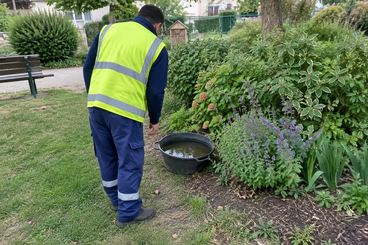 Dans un jardin communal en France, un agent municipal vu de dos inspecte calmement un récipient d’eau posé près d’un massif végétal, dans le cadre d’une action de prévention contr…