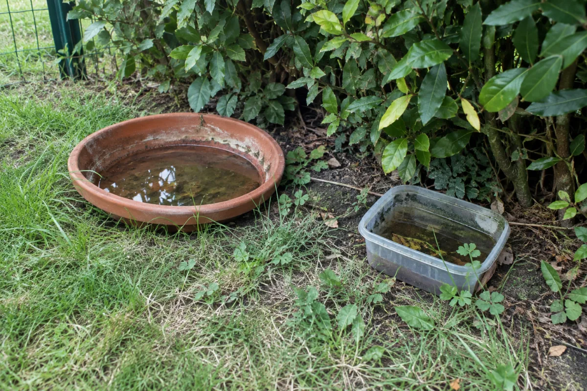 Dans un jardin communal en France, une soucoupe de pot de fleurs et un petit récipient remplis d’eau stagnante sont visibles près d’une haie, illustrant les zones où l’eau peut s’…