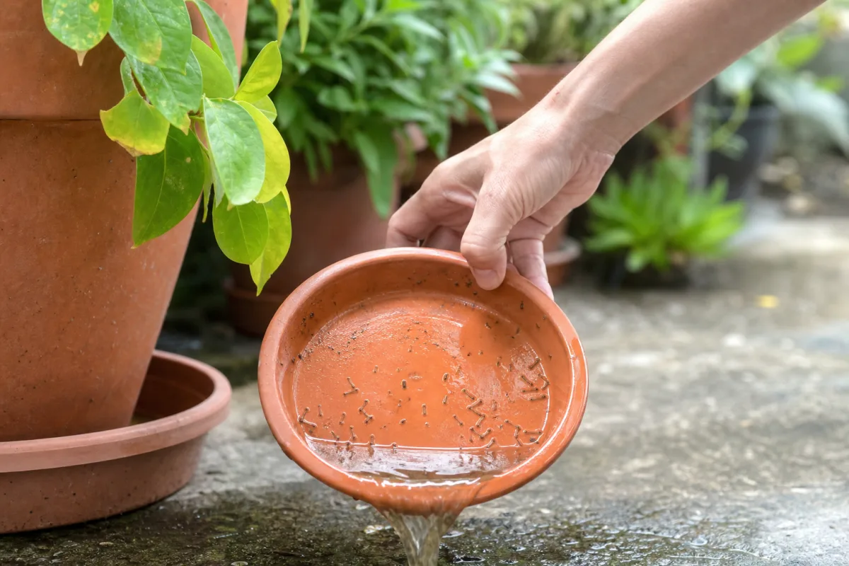 Soucoupe de pot de fleurs contenant de l’eau et des larves de moustiques