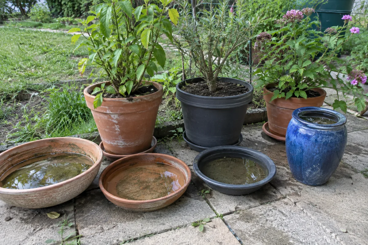 Dans un jardin communal en France, plusieurs vases et soucoupes contenant un peu d’eau sont posés sur une terrasse près de plantes en pot