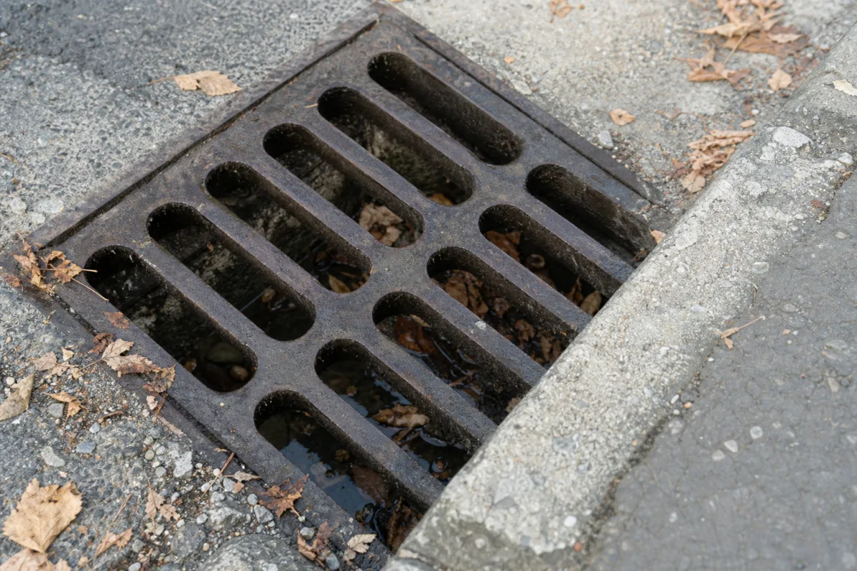 Bouche d’égout avec de l’eau stagnante au bord d’un trottoir