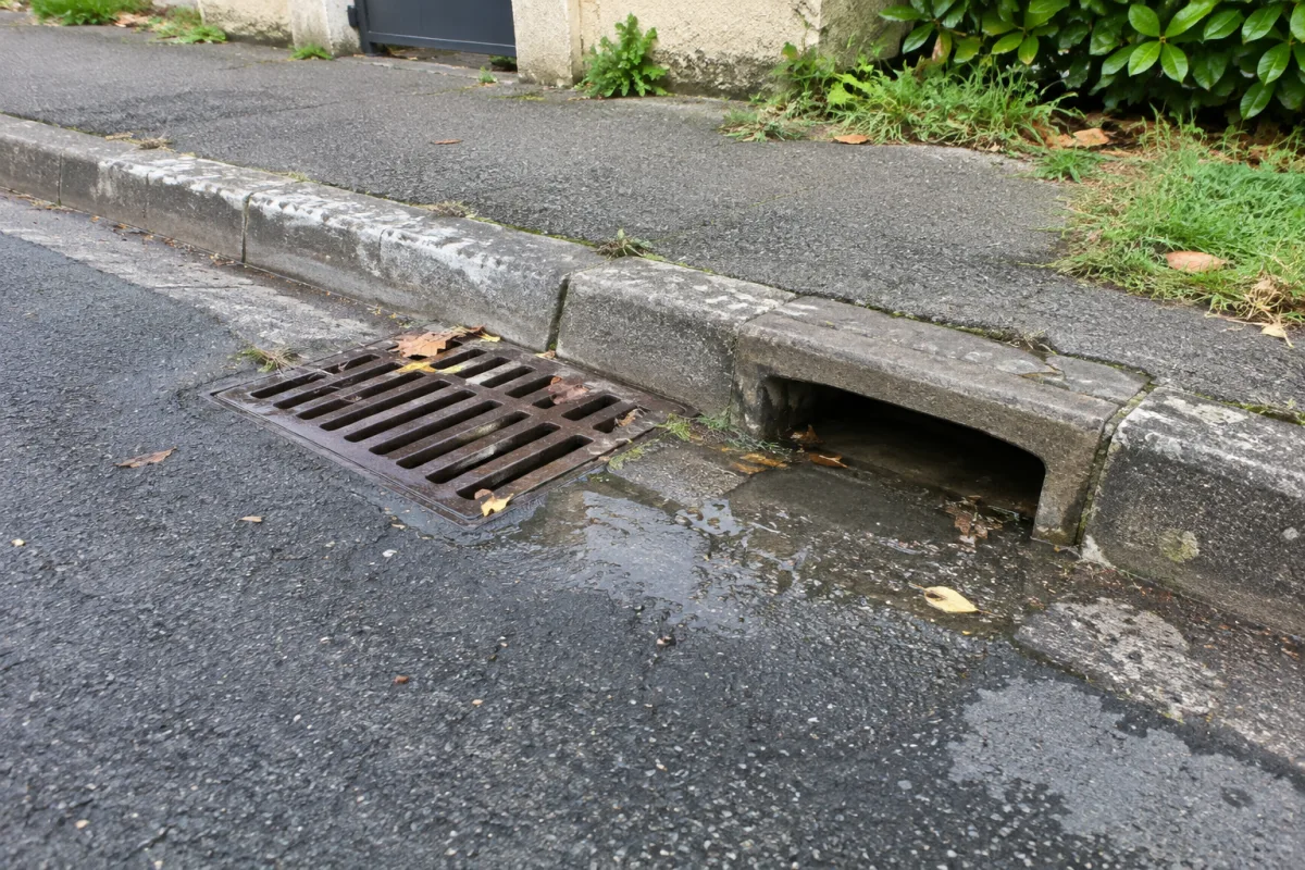 Dans une rue calme d’une commune française, une bouche d’égout et un avaloir recueillent l’eau près d’un trottoir, avec quelques feuilles et une petite zone humide visibles autour