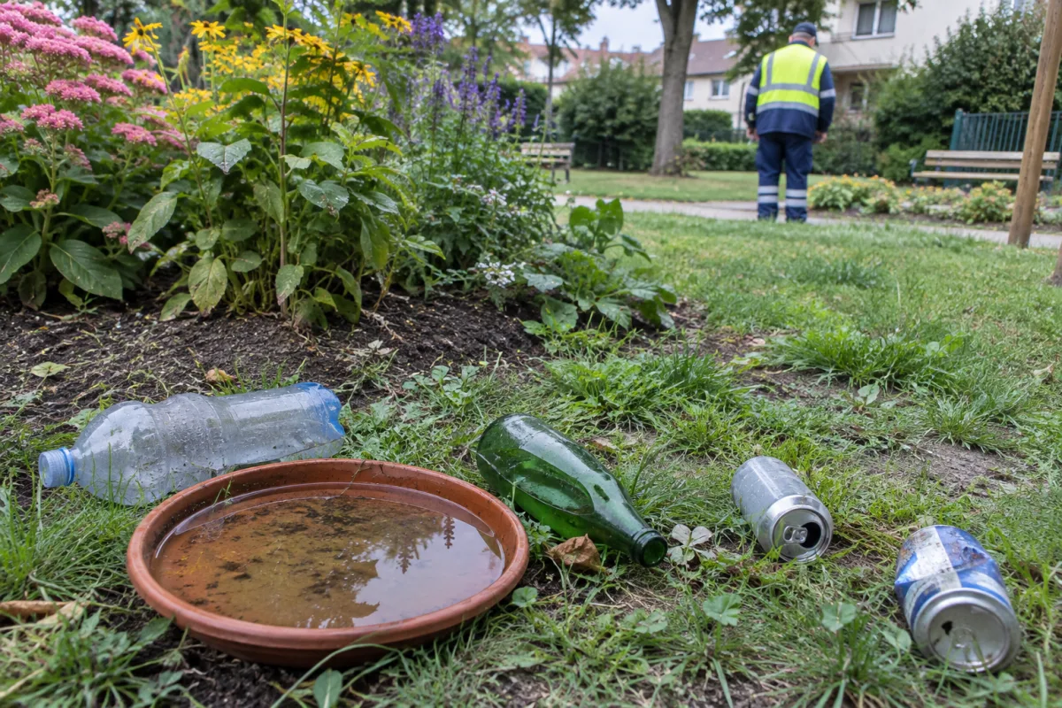 Dans un jardin communal en France, une soucoupe, des bouteilles et des canettes abandonnées retiennent un peu d’eau de pluie près d’un massif fleuri