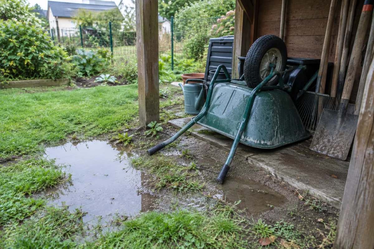 Dans un jardin d’une commune française, une brouette posée à l’envers sous un abri après la pluie évite l’accumulation d’eau dans son bac