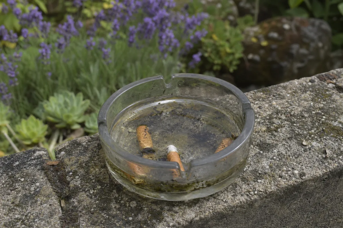Cendrier oublié rempli d’eau de pluie sur une terrasse