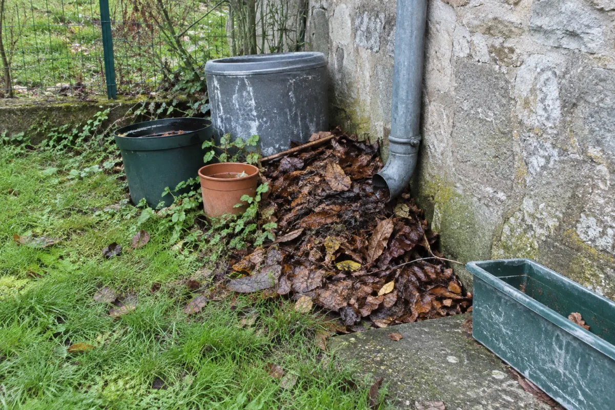 Dans un jardin communal en France, un tas de feuilles mortes s’est accumulé dans un angle humide près d’une gouttière et de quelques récipients vides