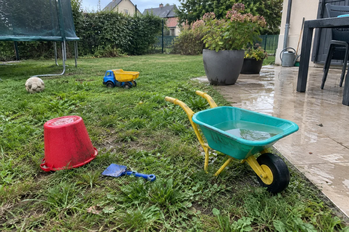 Dans un jardin d’une commune en France, plusieurs jouets d’extérieur sont posés près d’une terrasse après la pluie, dont un seau retourné et une petite brouette contenant un peu d…