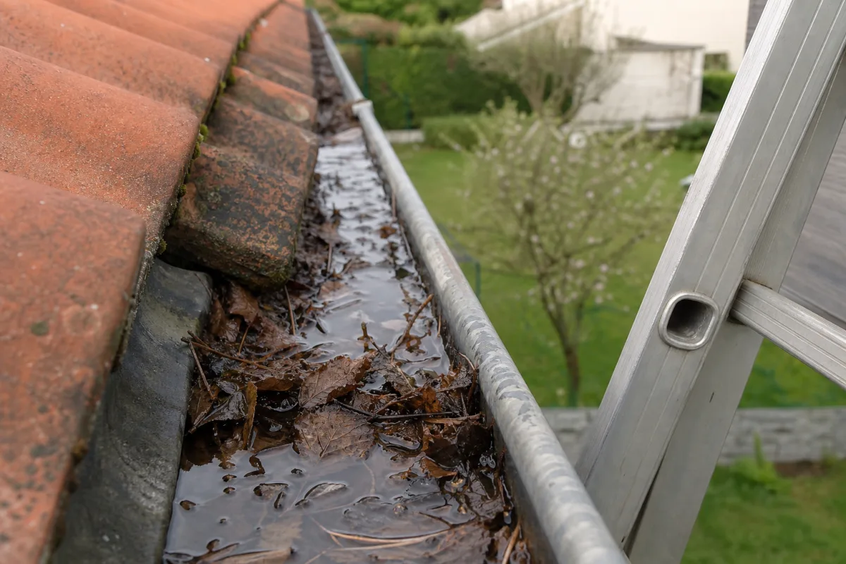 Gouttière bouchée par des feuilles et retenant de l’eau