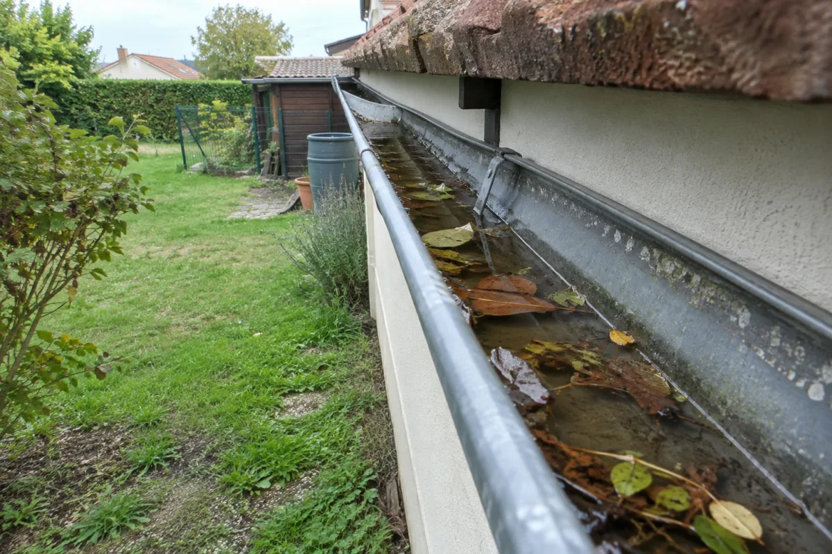 Dans un jardin d’une commune française, une gouttière fixée sous le toit d’une maison contient quelques feuilles et de l’eau stagnante, vue depuis le sol