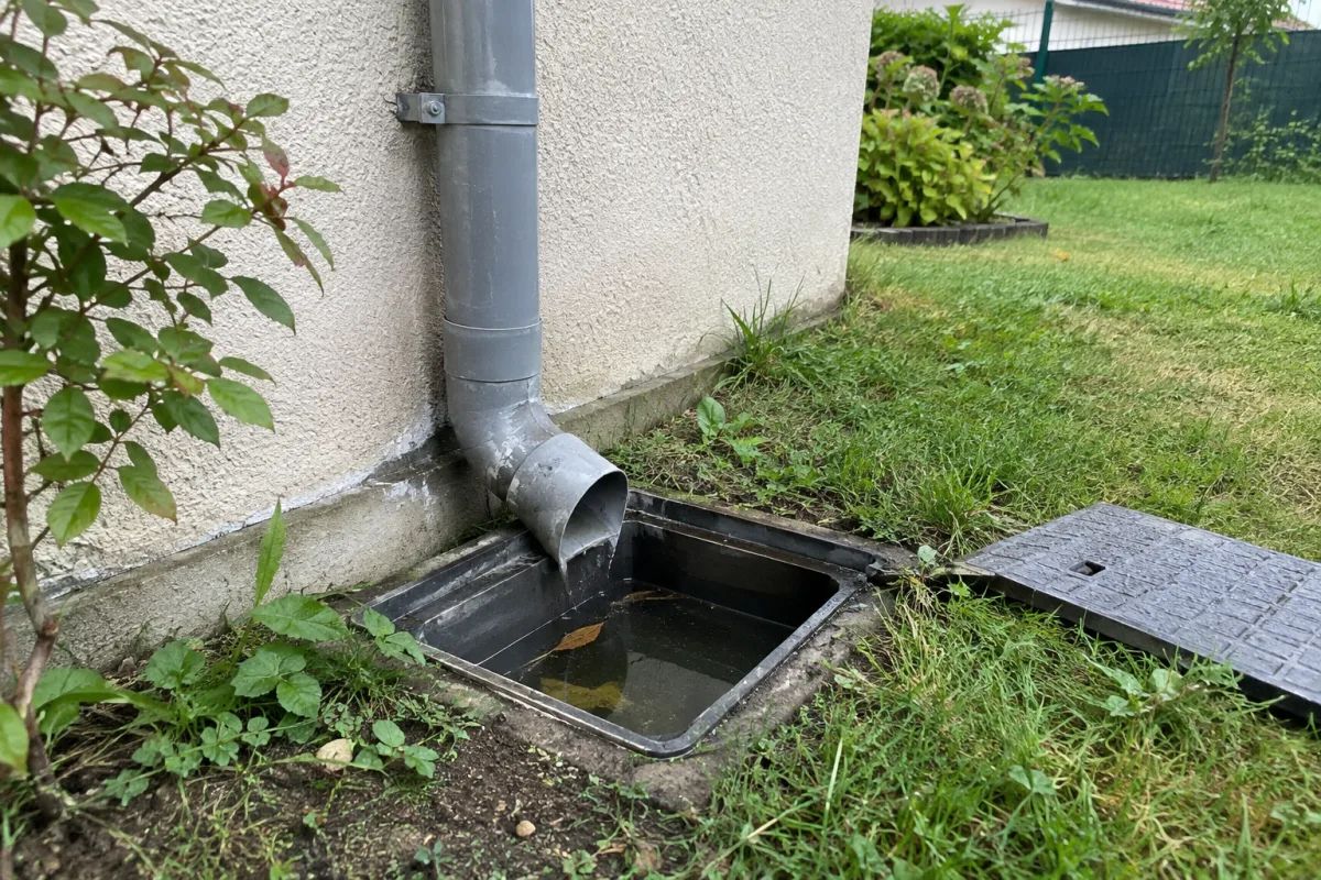 Dans un jardin pavillonnaire en France, une descente d’eau pluviale rejoint un regard technique au sol où une petite accumulation d’eau de pluie est visible
