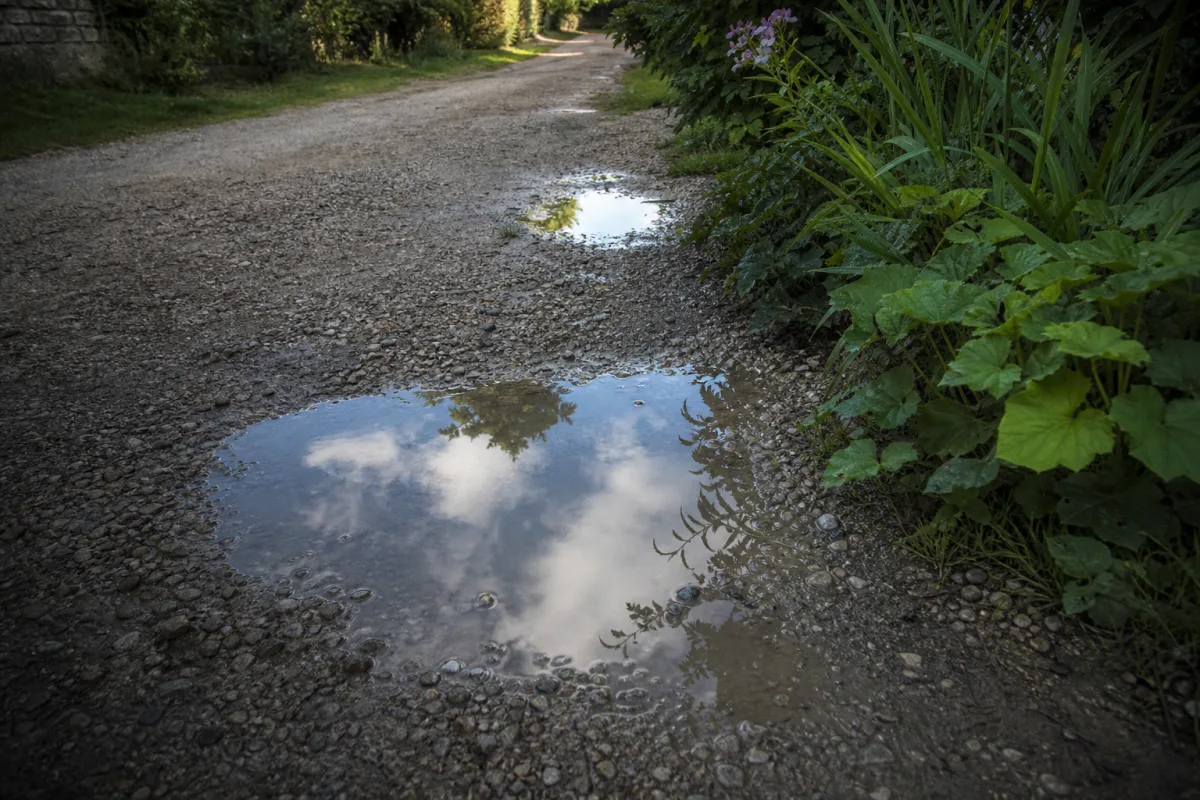 Nids de poule remplis d’eau de pluie dans une allée
