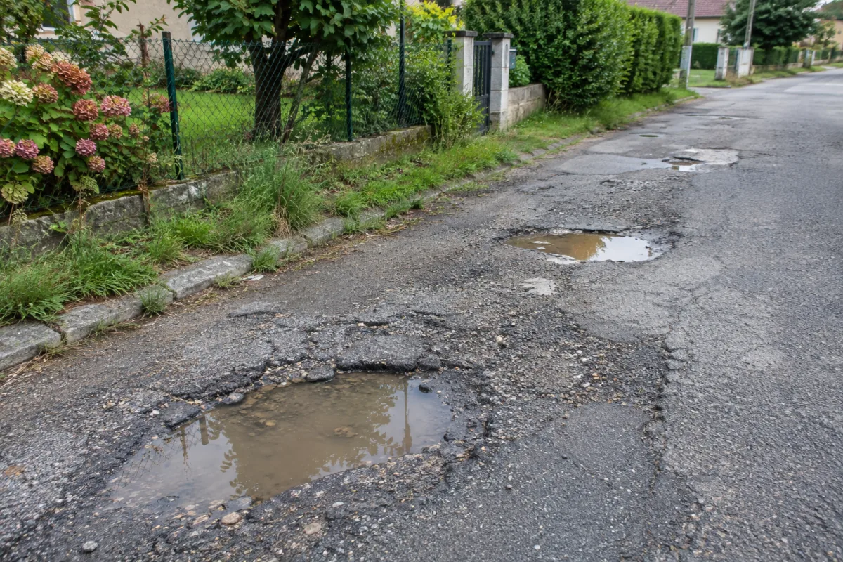 Dans une rue communale en France, une chaussée dégradée présente plusieurs nids de poule remplis d’eau de pluie, près d’un jardin et de quelques herbes