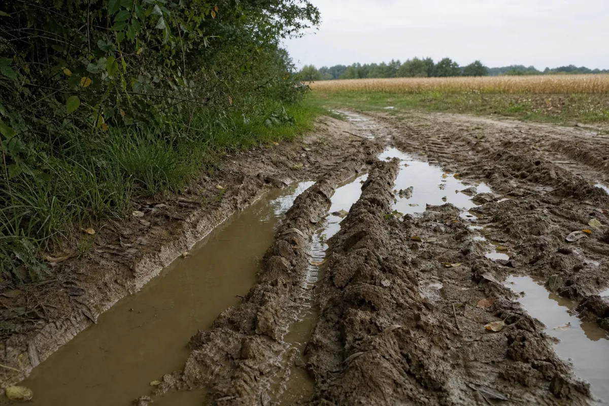 Ornières remplies d’eau sur un chemin de terre