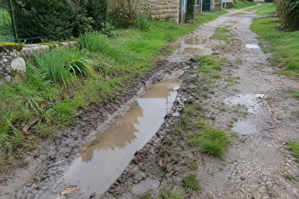 Une ornière remplie d’eau de pluie sur un chemin de terre dans un jardin ou une commune rurale en France, avec de la boue, des herbes et quelques flaques autour