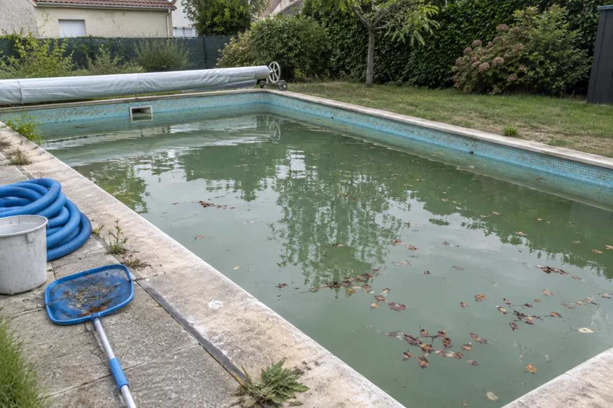Dans un jardin d’une commune française, une piscine montre une eau trouble avec des feuilles mortes et des débris flottant à la surface, tandis que des accessoires d’entretien son…