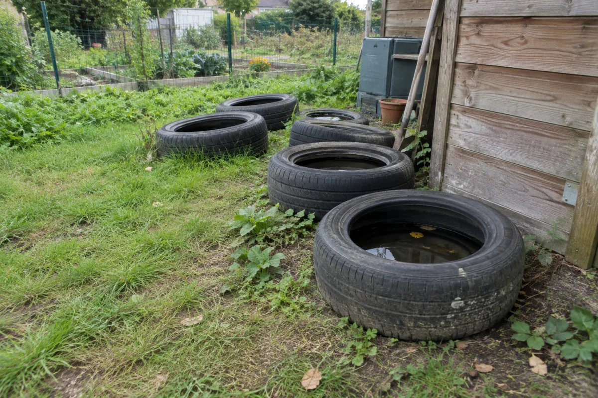 Dans un jardin communal en France, plusieurs pneus usagés sont stockés à l’envers près d’un abri, certains pouvant retenir de l’eau après la pluie