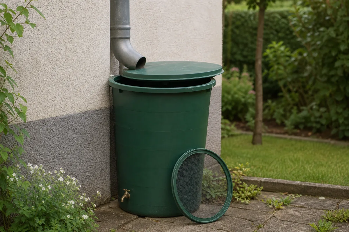 Récupérateur d’eau de pluie au couvercle entrouvert au pied d’une gouttière