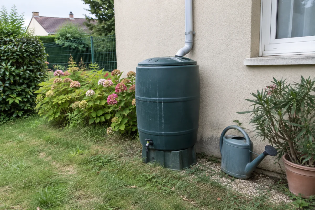 Dans un jardin résidentiel en France, un récupérateur d’eau de pluie fermé est installé sous une gouttière, à côté de quelques plantes et d’un arrosoir