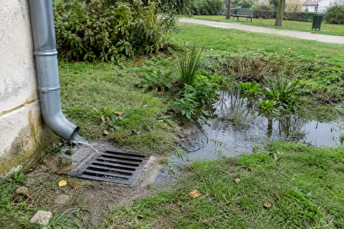 Dans un jardin communal en France, une descente d’eau pluviale débouche près d’une grille et de quelques zones humides, montrant concrètement comment l’eau peut s’accumuler