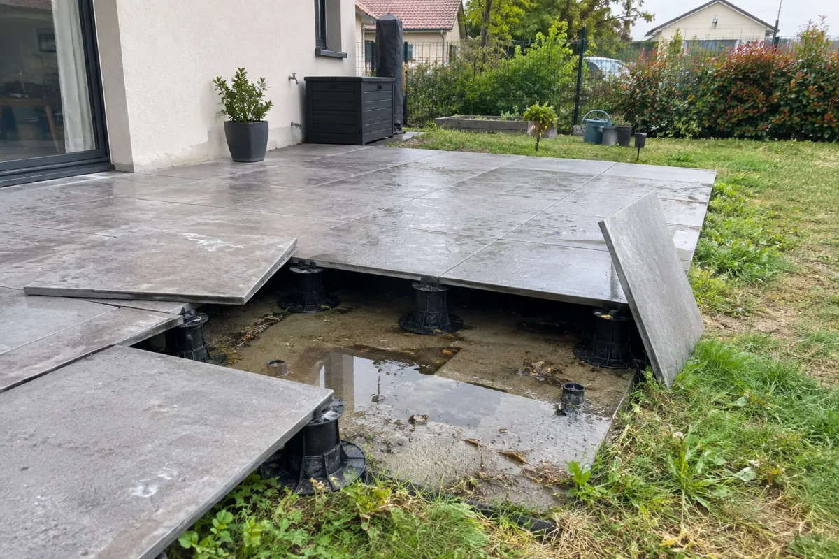 Une terrasse sur plots dans un jardin d’une commune française, avec quelques dalles soulevées laissant voir l’espace où l’eau peut stagner après la pluie