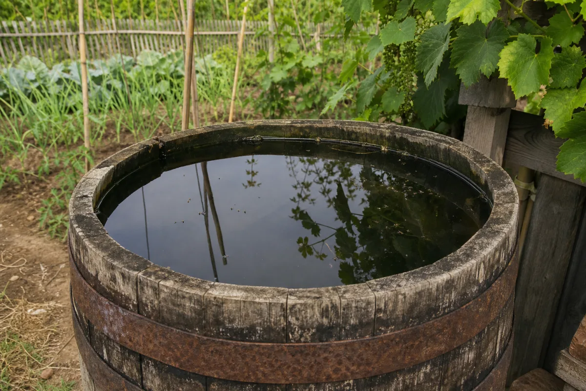 Tonneau de jardin ouvert rempli d’eau de pluie