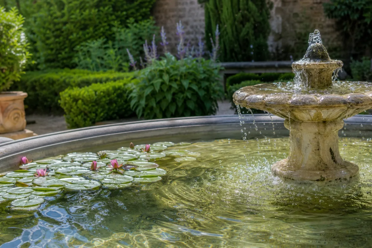 Bassin d’ornement avec fontaine dans un jardin soigné