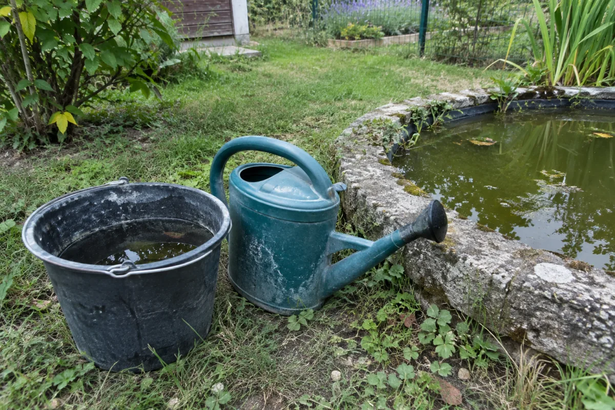 Dans un jardin d’une commune française, un seau et un arrosoir sont posés près d’un point d’eau stagnante, illustrant des gîtes larvaires potentiels