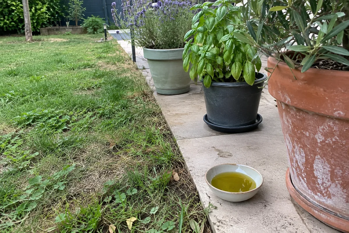Dans un jardin résidentiel en France, une petite coupelle d’huile d’olive est posée près d’une terrasse et de quelques plantes en pots, illustrant une méthode naturelle supposée c…