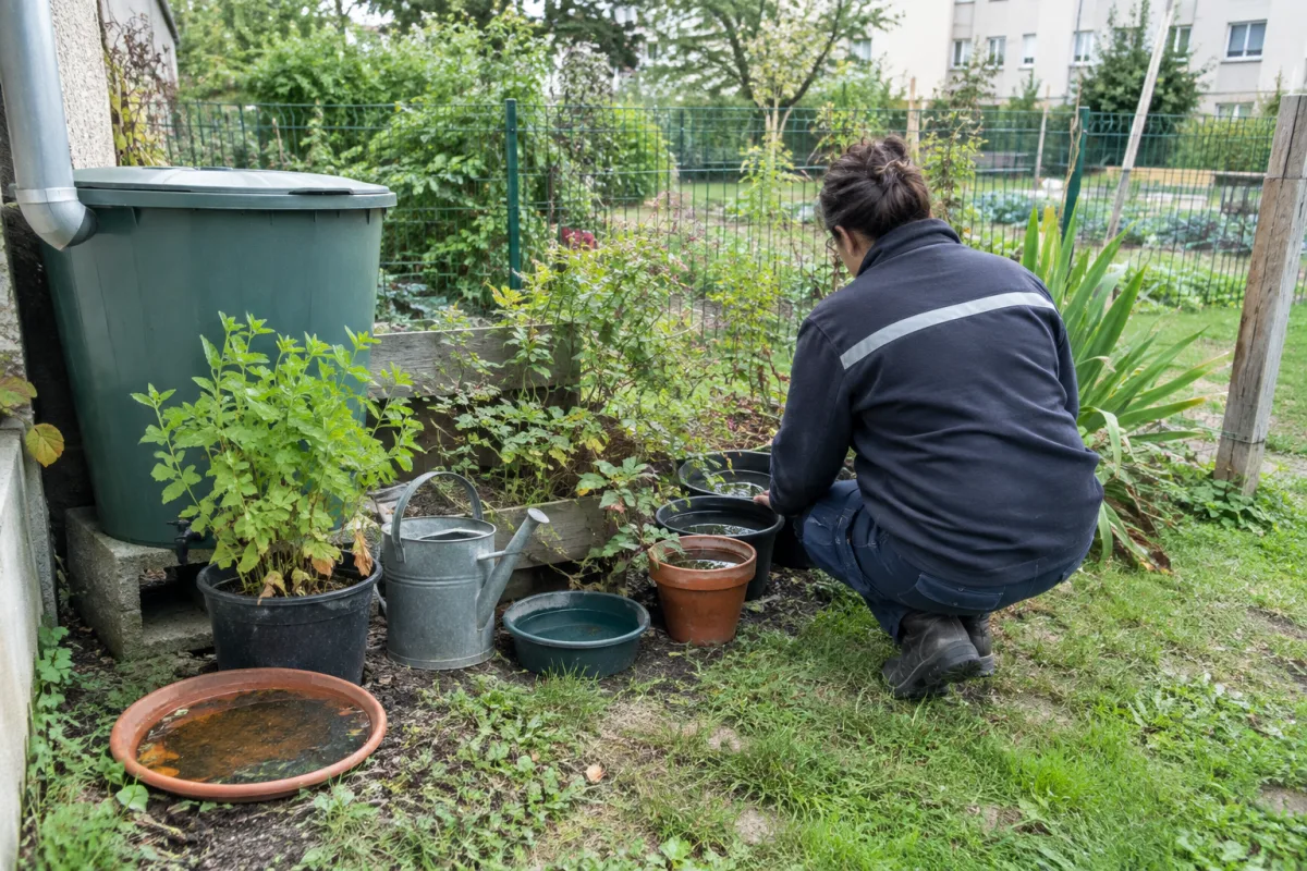 Dans un jardin communal en France, plusieurs coupelles, récupérateurs d’eau et petits récipients sont visibles près de plantes, illustrant les points d’eau stagnante favorables au…