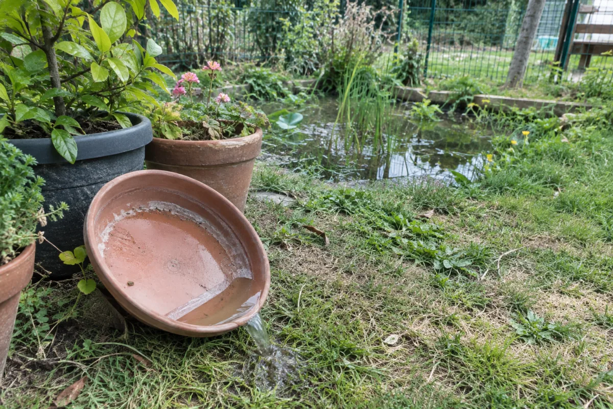 Dans un jardin communal en France, une soucoupe remplie d’eau est vidée près de plantes en pots, tandis qu’une petite zone humide est visible au second plan
