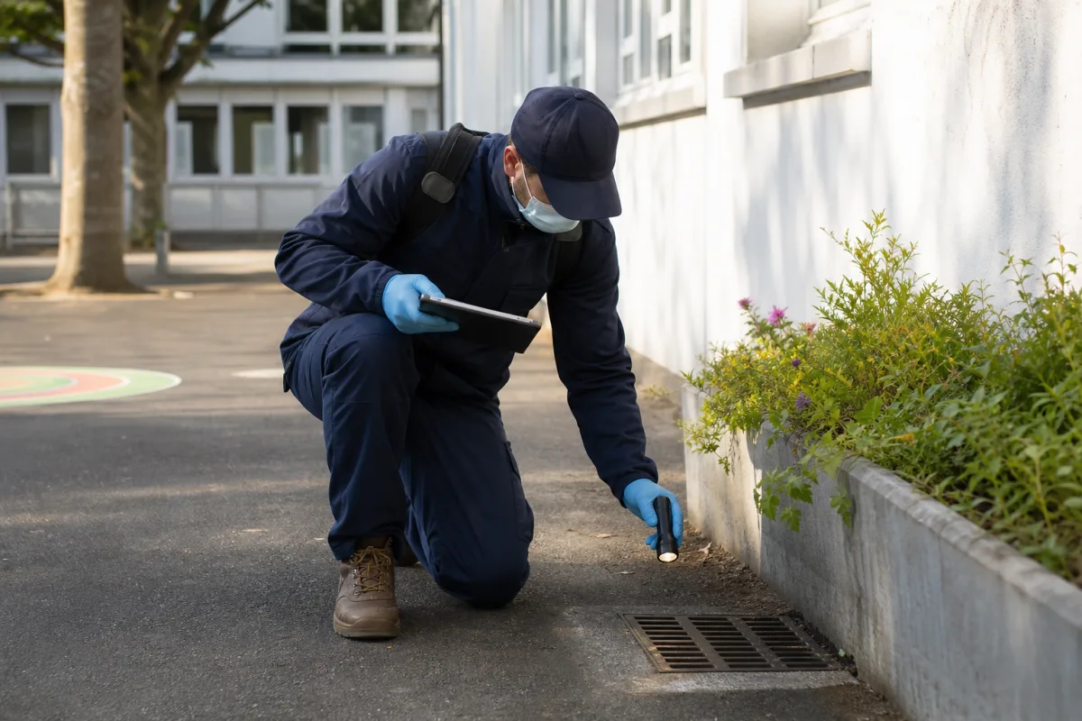 Agent de démoustication inspectant une cour d’école
