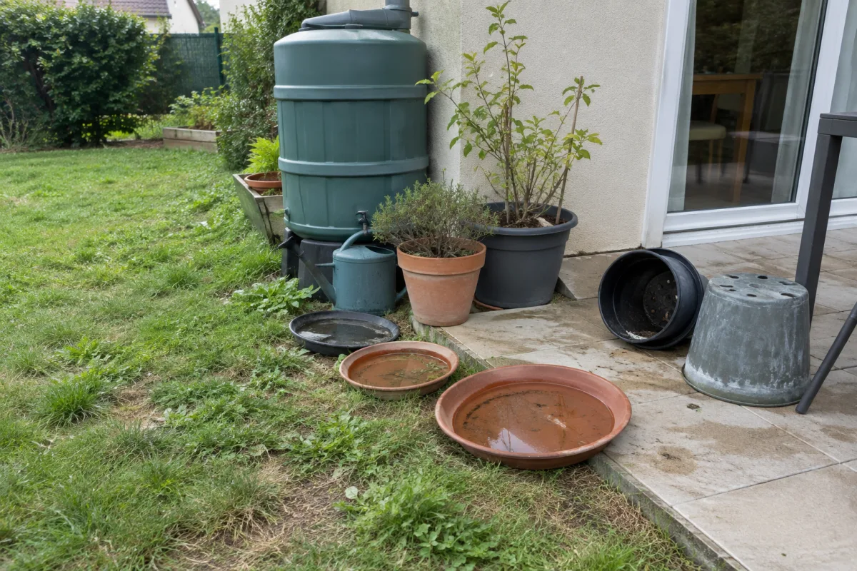 Dans un jardin résidentiel en France, des soucoupes de pots, un récupérateur d’eau et des récipients retournés sont visibles près d’une terrasse, illustrant les lieux où l’eau sta…