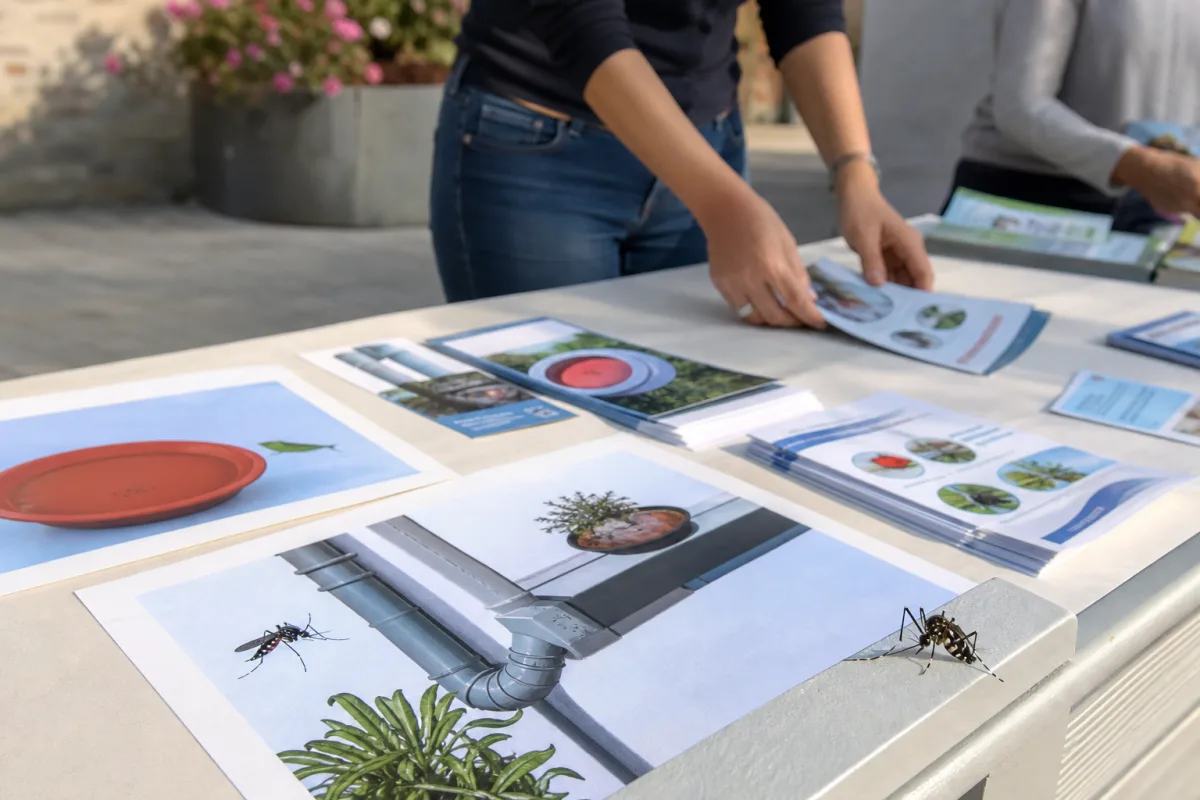 Affiches et dépliants de prévention contre le moustique tigre sur une table