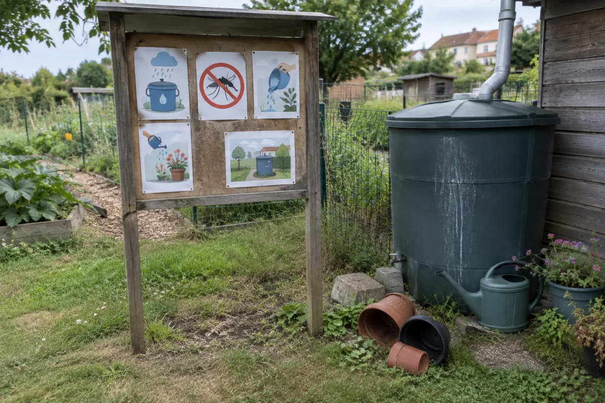 Dans un jardin communal en France, des affiches de prévention sans texte sont posées sur un panneau près d’un récupérateur d’eau couvert et de quelques pots de fleurs retournés