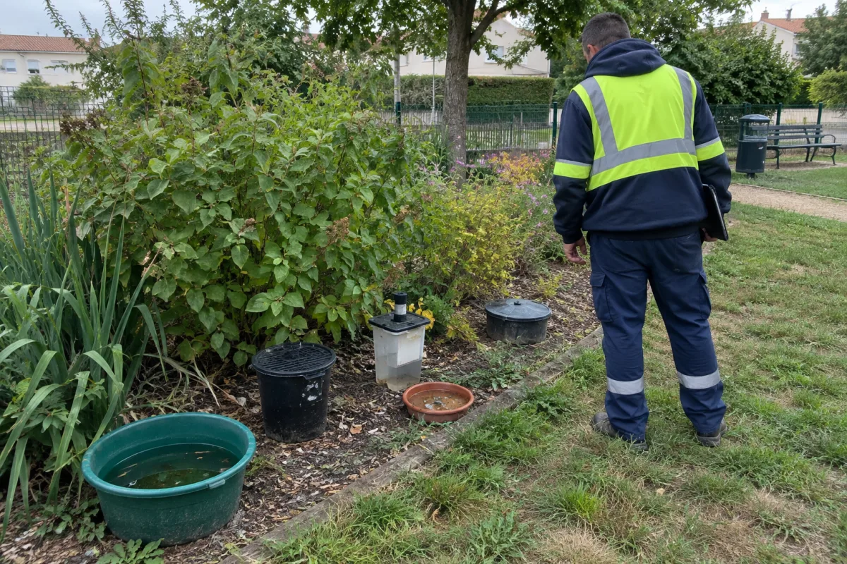 Dans un jardin communal en France, plusieurs pièges et récipients de prévention sont disposés près d’une zone végétalisée, tandis qu’un agent municipal vu de dos inspecte les lieu…